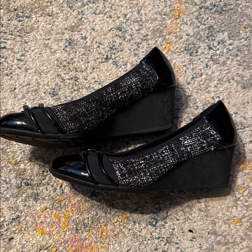 Impo Jada Elegant Black Fabric & Patent Wedge Shoes 9